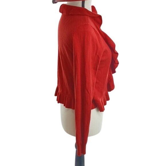 H&M Cardigan Sweater Red Knit Ruffle Open Front Wool Angora Womens Size M - Picture 4 of 7